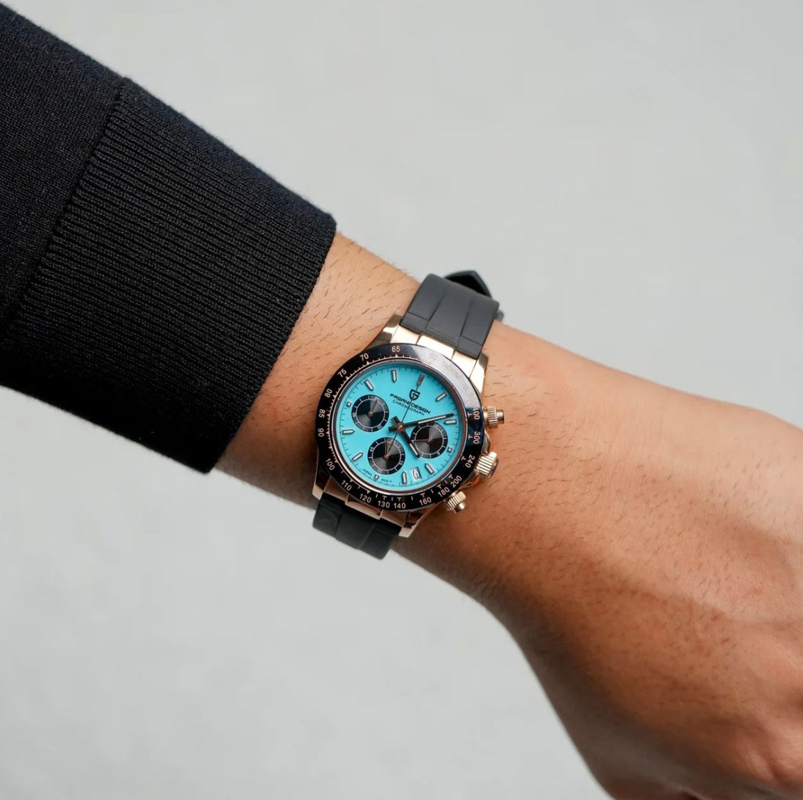PD Daytona Seiko VK63 – Rose Gold "Tiffany" Blue Dial Rubber Strap